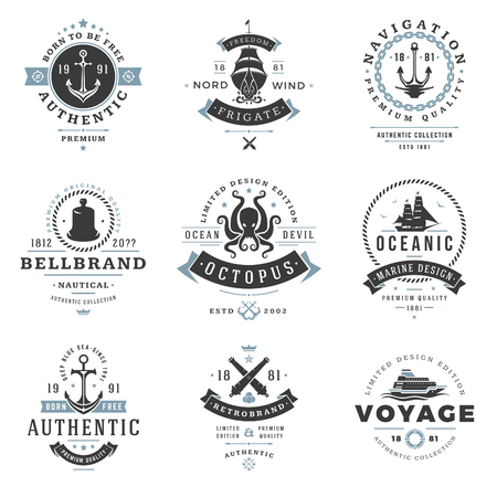 Nautical  Templates Set. Vector object and Icons for Marine Labels, Sea Badges, Anchor  Design, Emblems Graphics. Ship Silhouettes, Anchor Symbols.のイラスト素材