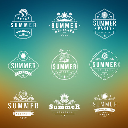 Summer Holidays Typography Labels or Badges Vector Design, Summer Silhouettes and Icons for Posters, Greeting Cards and Advertising. Vintage style.のイラスト素材