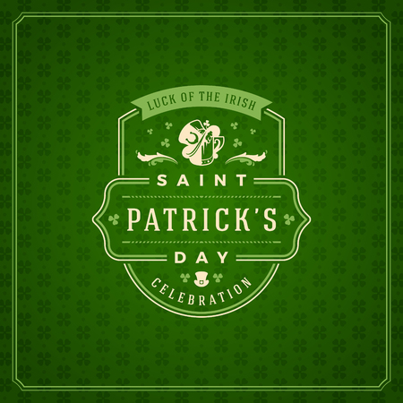Saint Patricks Day Retro Typographic Badge on Pattern Background. Vintage Vector design greetings card or poster.の写真素材