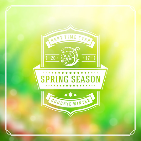 Spring Badge Vector Typographic Design Greeting Card. Spring Blurred lights Background and flowers. Eps 10.のイラスト素材