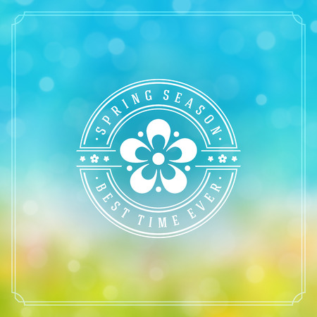 Spring Badge Vector Typographic Design Greeting Card. Spring Blurred lights Background and flowers. Eps 10.のイラスト素材