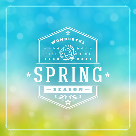 Spring Badge Vector Typographic Design Greeting Card. Spring Blurred lights Background and flowers. Eps 10.のイラスト素材