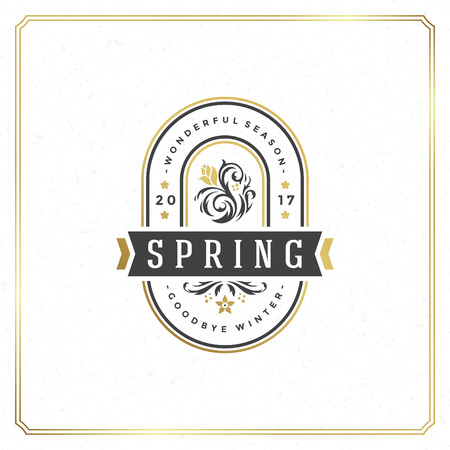 Spring Badge Vector Typographic Design Vintage Greeting Card. Golden textured Background. Eps 10.のイラスト素材