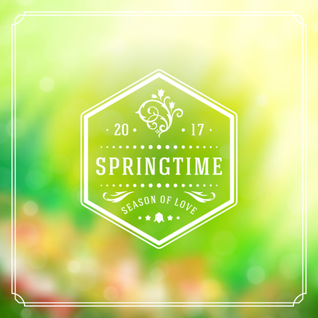 Spring Badge Vector Typographic Design Greeting Card. Spring Blurred lights and flowers.のイラスト素材