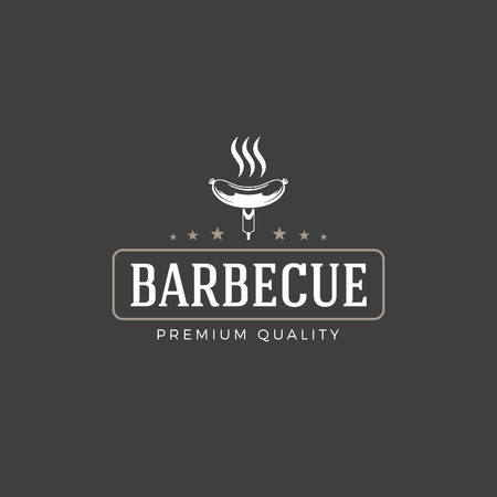 Restaurant logo template vector object for logotype or badge Design. Trendy retro style illustration, Barbecue grill sausage and fork silhouette.のイラスト素材