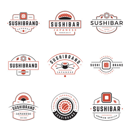 Sushi Shop Logos Templates Set. Vector object and Icons for Sushi Labels or Badges, Japanese Food Logos Design, Emblems Graphics. Sushi Roll Silhouettes, Japan Restaurant Logo, Sea Food Symbols.のイラスト素材