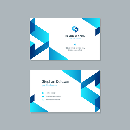 Business card design trendy blue colors template modern corporate branding style vector Illustration. Two sides with abstract logo on clean background.のイラスト素材