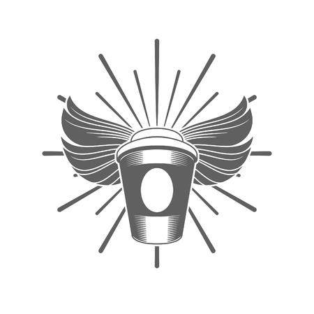 Coffee cup with wings vector illustration. Coffee Cup Silhouette Isolated On White Background. Vector object for Labels, Badges, Logos Design.のイラスト素材