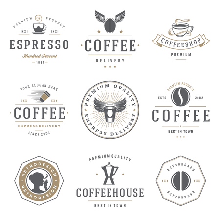 Coffee Shop Logos Templates Set. Bean Silhouette Isolated On White Background. Vector object for Labels, Badges, Logos Design.のイラスト素材