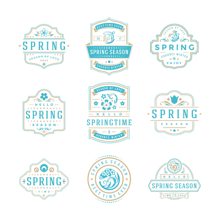 Spring Typographic Badges Design Set. Vector Vintage Logos Elements good for Spring Greeting Cards.のイラスト素材