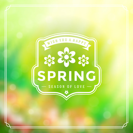 Spring Badge Vector Typographic Design Greeting Card. Spring Blurred lights Background and flowers.のイラスト素材