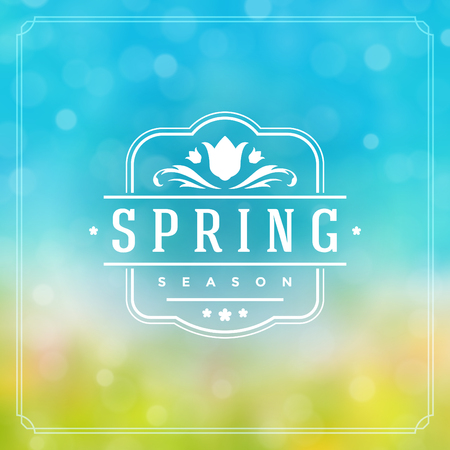 Spring Badge Vector Typographic Design Greeting Card. Spring Blurred lights Background and flowers.のイラスト素材