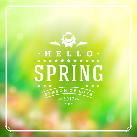 Spring Badge Vector Typographic Design Greeting Card. Spring Blurred lights Background and flowers.のイラスト素材
