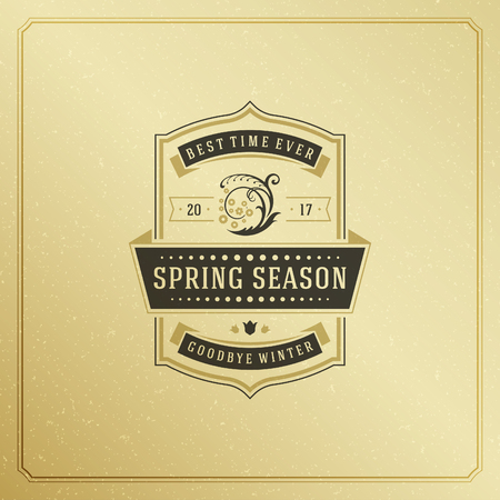 Spring Badge Vector Typographic Design Vintage Greeting Card. Golden textured Background.のイラスト素材