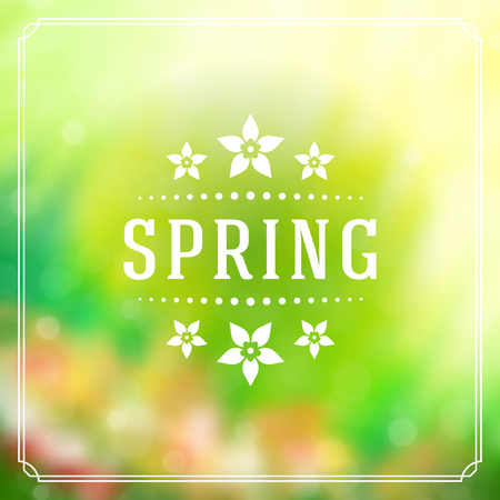 Spring Badge Vector Typographic Design Greeting Card. Spring Blurred lights Background and flowers.のイラスト素材