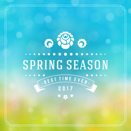 Spring Badge Vector Typographic Design Greeting Card. Spring Blurred lights Background and flowers.のイラスト素材