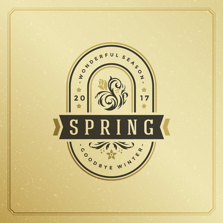 Spring Badge Vector Typographic Design Vintage Greeting Card. Golden textured Background.のイラスト素材
