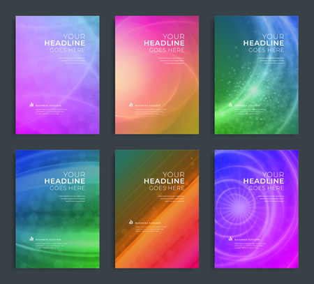 Modern abstract annual report design, brochure templates set. Vector illustration for business covers, corporate presentation banners. Colorful light lines.のイラスト素材