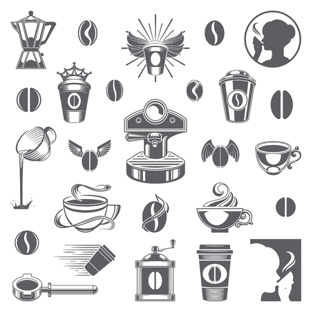 Coffee Shop Vector Design Elements. Coffee Cup Silhouette Isolated On White Background. Vector object for Labels, Badges, Logos Design. Coffee Logo, Tea Logo, Coffee Silhouette, Bean and Cup Iconのイラスト素材