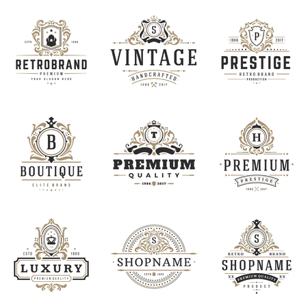 Luxury monogram logos templates vector objects set for logotype or badge Design. Trendy vintage royal ornament frames illustration, good for fashion boutique, alcohol or hotel brand.のイラスト素材