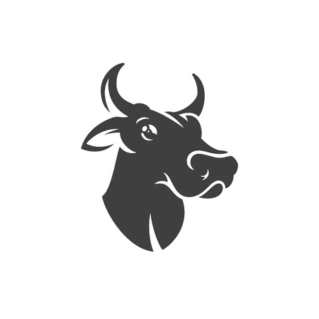 Cow head silhouette isolated on white background vector object in retro style. Can be used for logo or badge. Farm animal.の写真素材