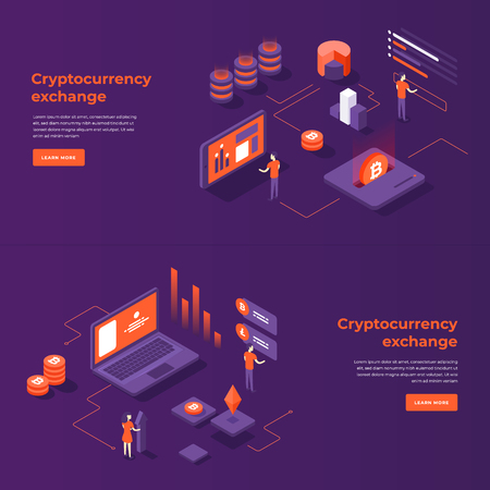 Cryptocurrency exchange and blockchain isometric compositionsの写真素材