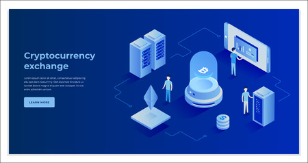 Cryptocurrency exchange and blockchain isometric composition. Good for landing page template and infographics vector illustration.のイラスト素材