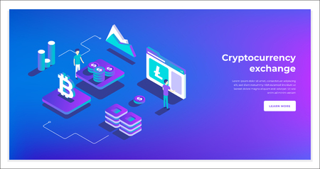 Cryptocurrency exchange and blockchain isometric composition. infographics vector illustration.のイラスト素材