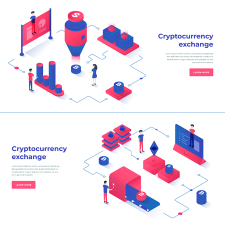 Cryptocurrency exchange and blockchain isometric composition. Good for landing page template and infographics vector illustration.のイラスト素材
