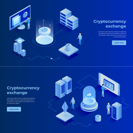 Cryptocurrency exchange and blockchain isometric composition. Good for landing page template and infographics vector illustration.のイラスト素材