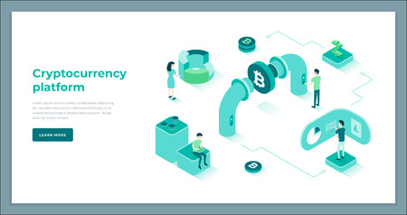 Cryptocurrency exchange and blockchain isometric composition. Good for landing page template and infographics vector illustration.のイラスト素材