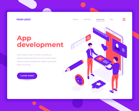 App development teamwork people and interact with mobile phone. Landing page template. 3d isometric vector illustration.のイラスト素材