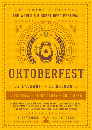 Oktoberfest beer festival celebration poster or flyer template retro typography. Oktoberfest Badge or Logo Retro Vector illustration.のイラスト素材