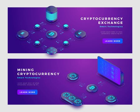 Mining bitcoin and cryptocurrency exchange concept banner template.のイラスト素材