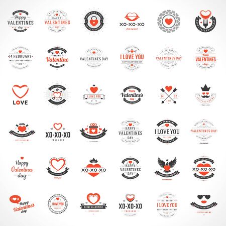 Happy valentines day greetings cards and badges vintage typography design with decoration symbolsのイラスト素材