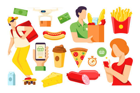 Food and goods delivery service collection vector flat illustration. Set of customers making order use online mobile application, courier, drone carrying parcel, money, credit card, grocery purchaseのイラスト素材