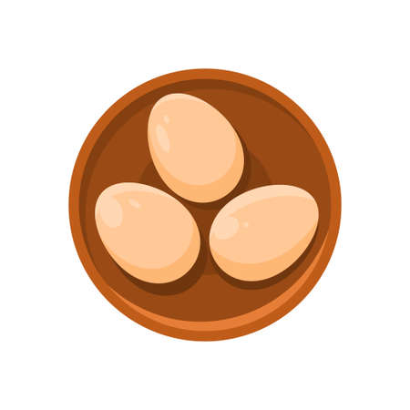 Boiled or uncooked eggs in shell at bowl top view vector flat illustration. Cooked protein organic food hen natural farm product isolated. Fragile nourishment edible ingredient for cooking omeletのイラスト素材
