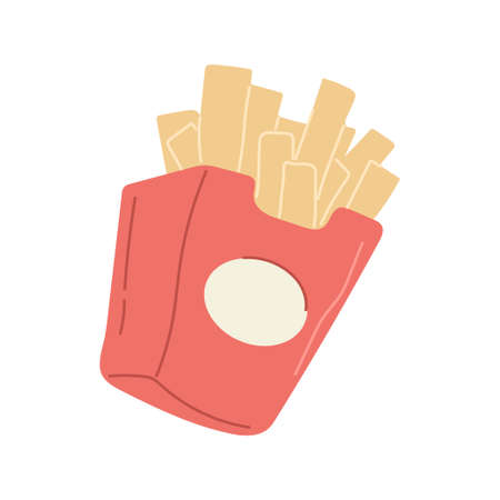 French fries potato in red package cardboard box isometric vector illustration. Appetizing frying...