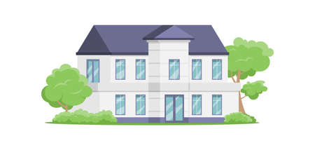 Two storey vintage luxury building facade isometric vector illustration. Elegant comfortable suburb residential building or municipal architecture at summer garden park isolated. Real estate exteriorのイラスト素材