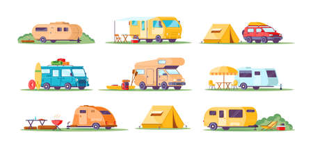 Collection different camping caravan transportation vector flat illustration. Travel car with tent for outdoor summer active leisure isolated. RV camper, motorhome, van, camp trailer, automobileのイラスト素材