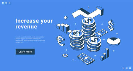 Increase your revenue business strategy development internet advertising landing page isometric vector illustration. Successful corporate profit growth finance diagram analyzing cash money currencyのイラスト素材
