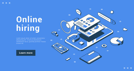 Online hiring head hunting application with vacation finding job or employee internet banner landing page isometric vector illustration. HR service recruitment business opportunity candidate hireのイラスト素材