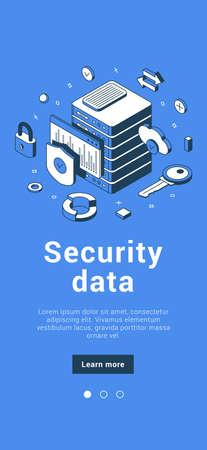 Security data server personal information protection cyberspace privacy mobile banner isometric vector illustration. Confidential account cyber content datacenter file storage with shield and padlockのイラスト素材