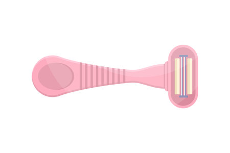 Pink female razor with blade and handle for daily personal shaving vector flat illustration. Feminine tools for depilation or epilation comfortable remove hair from body skin. Safety soft coiffureのイラスト素材