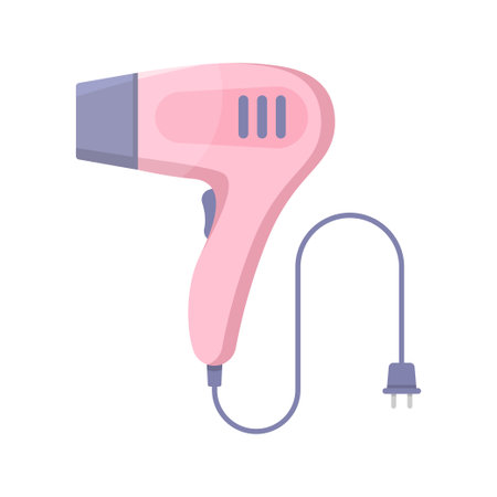 Small pink electric hair dryer with cord and plug vector flat illustration. Modern appliance for hairs care at home or beauty salon. Electronic device with blowing warm air for hairdressing hairstyleのイラスト素材