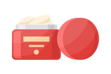 Moisturizing daily care cream for face and body skin hydration in red plastic container with open lid vector flat illustration. Rejuvenation beauty product package isolated. Cosmetic facial primerのイラスト素材