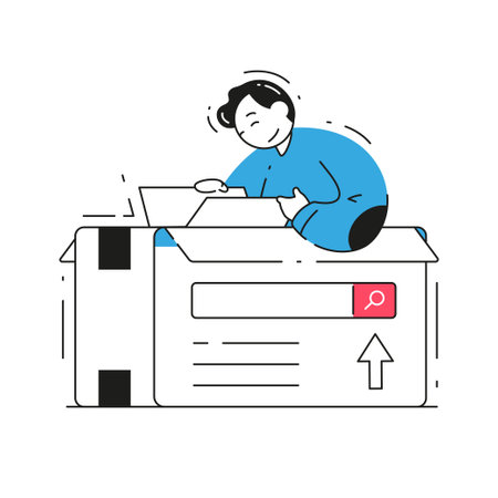 Modern man internet user reading book document online searching browser information isometric vector illustration. Male research data info cyberspace internet cloud storage sitting in cardboard boxのイラスト素材