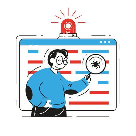 Male developer fixing bug in code use magnifying glass vector flat illustration. Man software engineer finding virus in website soft isolated. Quality assurance, optimization, debugging programのイラスト素材