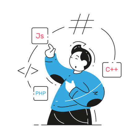 Male software developer analyzing circle coding scheme for writing application soft vector flat...