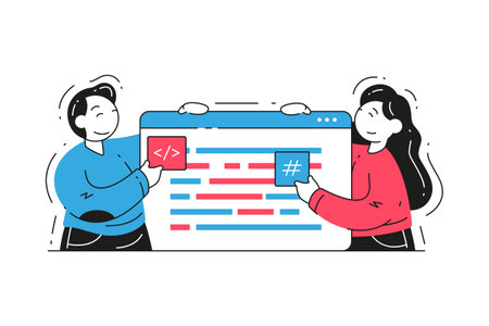 Man and woman developer colleagues writing soft application code together working as team vector flat illustration. Software engineer people partnership brainstorming coding developmentのイラスト素材